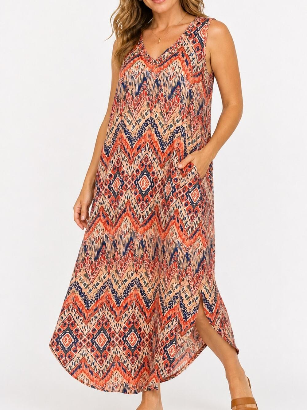 Sampeel Boho Midi Dress Sleeveless V Neck Tribal Print Pockets Large NWT